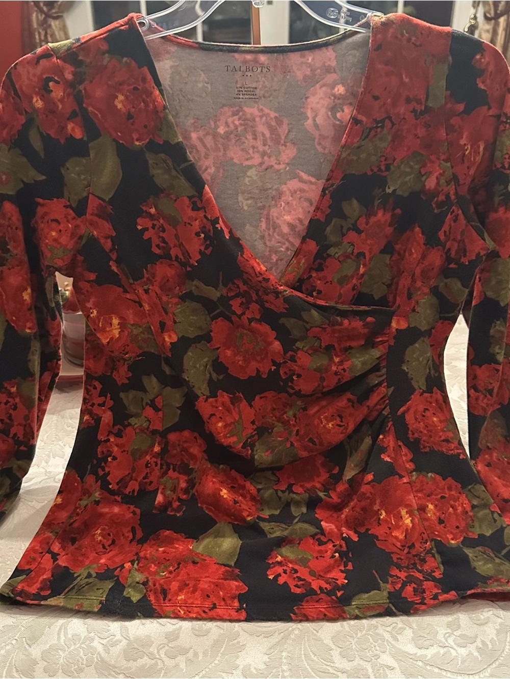 Talbots Black V-Neck Long Sleeve Top with Red Floral Print